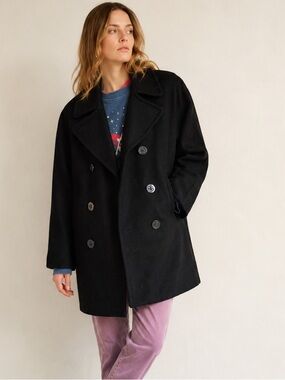 Vintage NWT Mario De Pinto Black Wool Blend Lined Anchor Buttons Pea Coat Sz 12